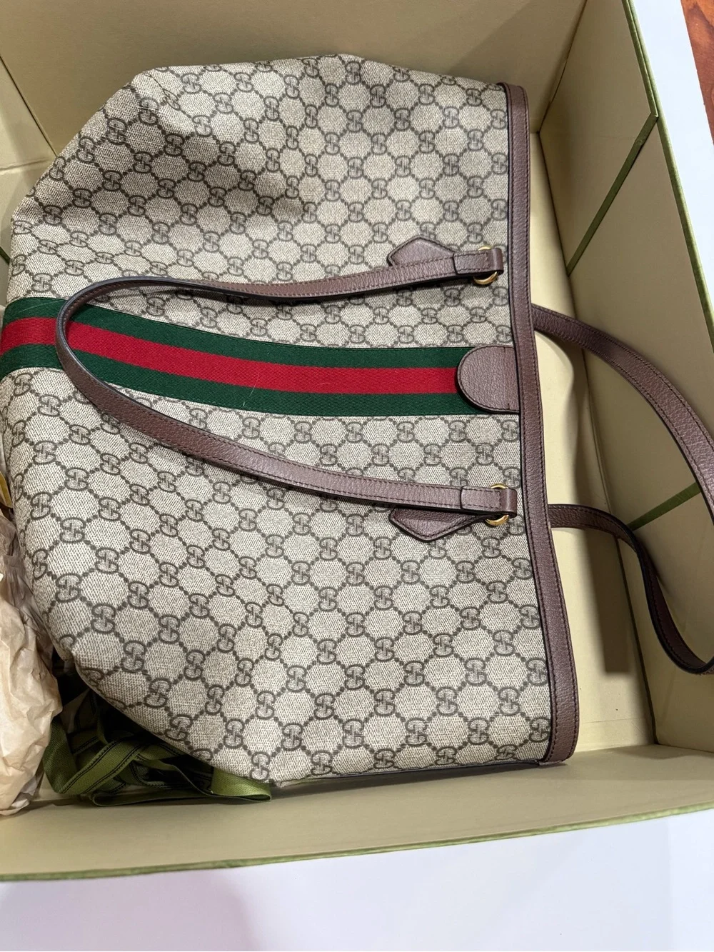 Gucci Ophedia Beige GG Supreme Canvas Tote with Brown Trim and Green-Red Web